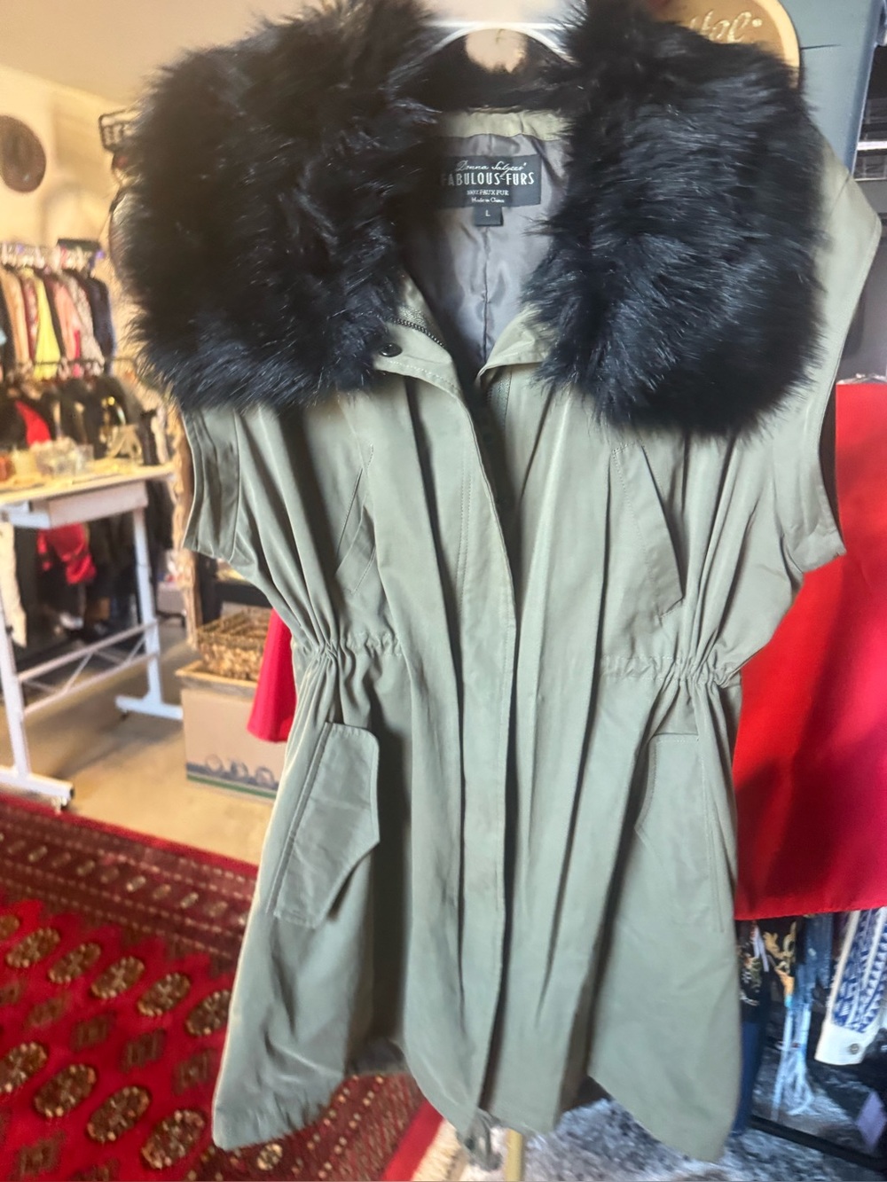 Fabulous Furs Women's Olive Green Vest with Black Faux Fur Collar